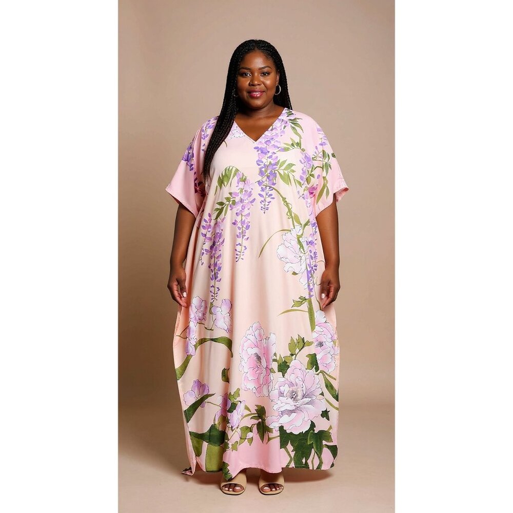 Floral Printed Peach Polyester Plus Size Kaftan Dress for Women by Gypsie Blu